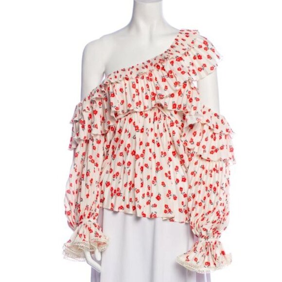 Self-Portrait Red Floral on White Ruffled Tiered Ruffled One Shoulder Top (8) - Picture 7 of 7